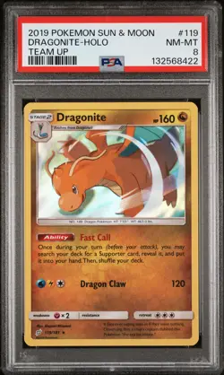 2019 POKEMON SUN & MOON TEAM UP #119 DRAGONITE-HOLO PSA 8 - Image 1
