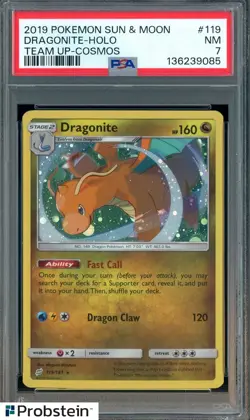 2019 Pokemon Sun & Moon Team Up Cosmos #119 Dragonite Holo PSA 7 NM - Image 1