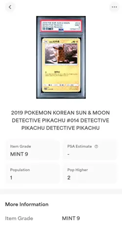 2019 POKEMON KOR SUN & MOON DETECTIVE PIKACHU #14 DETECTIVE PIKACHU PSA - Image 2