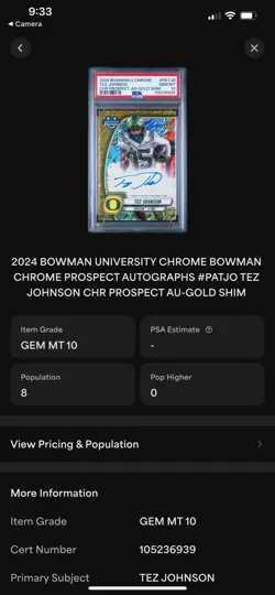 2024 1st Bowman U Chrome - Tez Johnson - Gold Shimmer Auto /50 - GEM MINT Psa 10 - Image 3