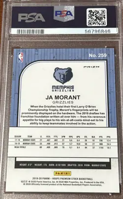 2019-20 Panini NBA Hoops Ja Morant RC #259 Silver Prizm PSA 10 Gem Mint 💎 - Image 2