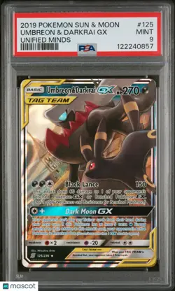2019 Pokemon Sun Moon Unified Minds Tag Team Umbreon Darkrai GX PSA 9 125/236 - Image 1