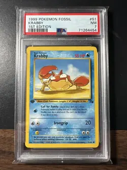 First Edition 1999 Pokemon Fossil 51/62 Krabby PSA 7 454 - Image 1
