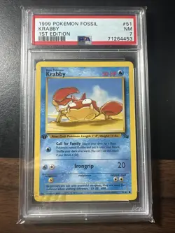 First Edition 1999 Pokemon Fossil 51/62 Krabby PSA 7 - Image 1