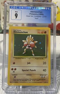 CGC 9 Hitmonchan 7/102 Pokemon Base Set unlimited Holo Rare TCG Mint - Image 1