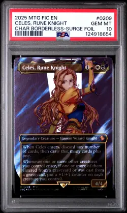 2025 MTG FINAL FANTASY BORDERLESS SURGE FOIL #0209 CELES, RUNE KNIGHT PSA 10 - Image 1