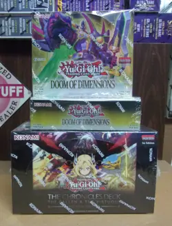 YU GI OH (2) DOOM OF DIMENSIONS BOOSTER BOXES + CHRONICLES DECK DISPLAY BOX - Image 1