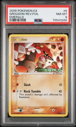 2005 POKEMON EX EMERALD #5 GROUDON-REVERSE FOIL PSA 8 - Image 1
