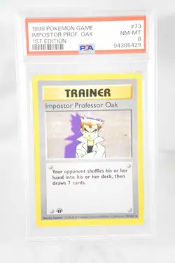 1st Edition Shadowless Imposter Professor Oak 73/102 Base Set Pokemon Card PSA 8 - Image 1