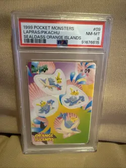1999 Pocket Monsters Lapras/Pikachu Sealdass Orange Islands PSA 8 - Image 1