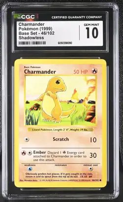 CGC 10 GEM MINT Charmander 1999 Base Set 46/102 Shadowless Pokemon Card - Image 1