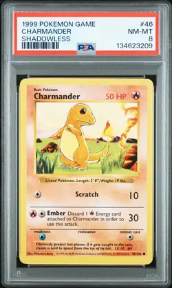 1999 POKEMON BASE SET SHADOWLESS #46 CHARMANDER PSA 8 - Image 1