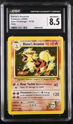 CGC 8.5 Blaine's Arcanine 2000 Gym Challenge 1/132 Holo Pokemon Card - Image 1