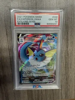 2021 POKEMON SWORD & SHIELD EVOLVING SKIES #030 FULL ART/VAPOREON VMAX PSA 10 - Image 1