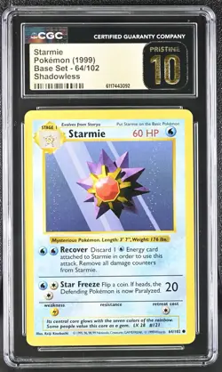 Pokemon Card Starmie 64/102 Shadowless Base Set 1999 CGC 10 PRISTINE - Image 1