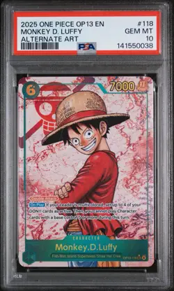 2025 ONE PIECE OP13-CARRYING ON HIS WILL ALTERNATE ART MONKEY D. LUFFY PSA 10 - Image 1