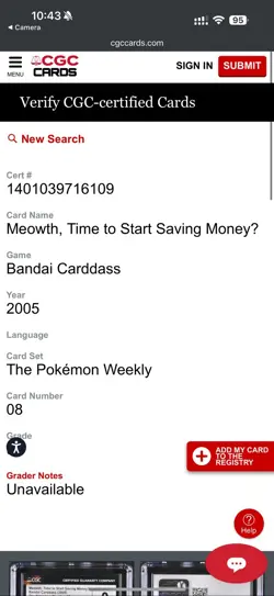 Pokemon Carddass Meowth - The Pokemon Weekly No.08 - Japanese Bandai CGC Mint 9 - Image 3