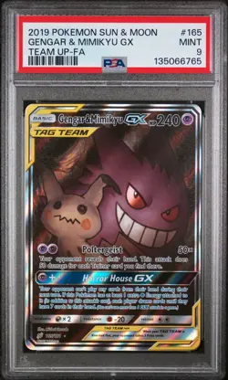 2019 POKEMON SUN & MOON TEAM UP #165 FULL ART/GENGAR & MIMIKYU GX PSA 9 - Image 1