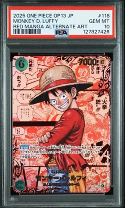 2025 One Piece OP13 JPN Red Manga Alt Art #118 Monkey D. Luffy PSA 10 GEM MINT - Image 1