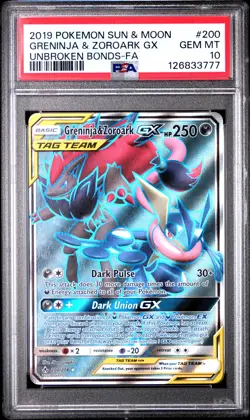 2019 POKEMON SUN & MOON UNBROKEN BONDS FULL ART/GRENINJA & ZOROARK GX PSA 10 - Image 1