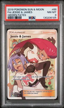 2019 POKEMON SUN & MOON HIDDEN FATES #68 FULL ART/JESSIE & JAMES PSA 8 - Image 1