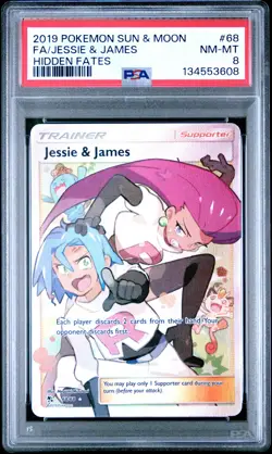 2019 POKEMON SUN & MOON HIDDEN FATES #68 FULL ART/JESSIE & JAMES PSA 8 - Image 1