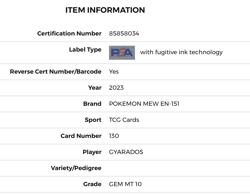 2023 POKEMON MEW EN-151 130 GYARADOS PSA: GEM MINT 10 - Image 3