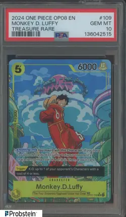 2024 One Piece OP08 En Treasure Rare #109 Monkey D. Luffy PSA 10 GEM MINT - Image 1