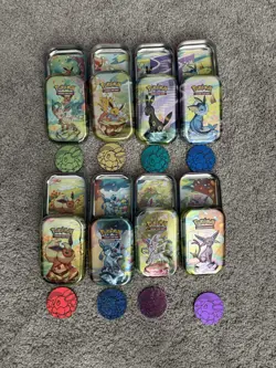 Pokemon Prismatic Evolutions Mini Tins Opened No Packs Full Set Of 8 w/ Coins - Image 1