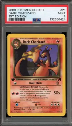 Pokemon Dark Charizard Team Rocket 1st Edition NON Holo Rare #21 PSA 9 Mint - Image 1