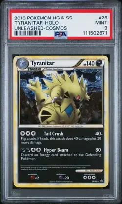 2010 POKEMON HEARTGOLD & SOULSILVER UNLEASHED #26 TYRANITAR COSMOS HOLO PSA 9 - Image 1