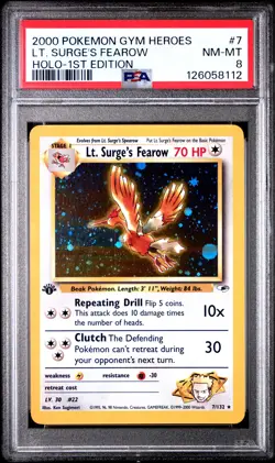 PSA NM-MT 8 - 2000 POKEMON GYM HEROES HOLO-1ST EDITION 7 LT. SURGE'S FEAROW - Image 1