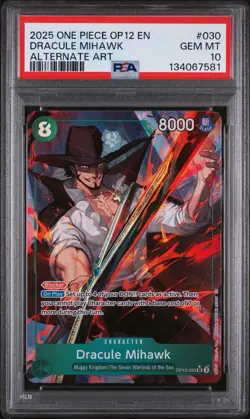 2025 One Piece OP12 English Dracule Mihawk Alternate Art #030 PSA 10 - Image 1