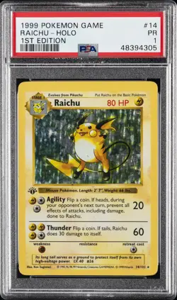 1999 POKEMON BASE SET 1ST EDITION #14 RAICHU-HOLO PSA 1 - Image 1