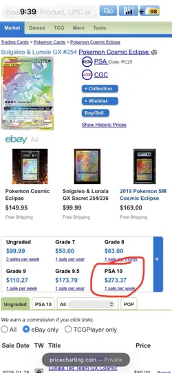 PSA 10 2019 Pokemon Solgaleo & Lunala GX Secret Rare 254/236 Cosmic Eclipse - Image 3