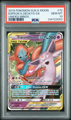 2019 POKEMON SUN & MOON UNIFIED MINDS #72 ESPEON & DEOXYS GX PSA 10 - Image 1