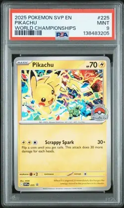 2025 POKEMON SVP EN-SV BLACK STAR PROMO #225 PIKACHU WORLD CHAMPIONSHIPS PSA 9 - Image 1