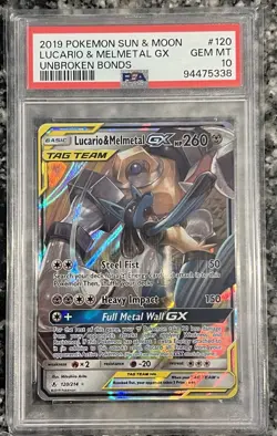 2019 Pokemon Sun and Moon #120 Locations & Melmetal GX Unbroken Bonds PSA 10 - Image 1