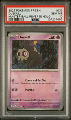 2025 Pokemon Prismatic Evolutions Duskull Master Ball Reverse Holo PSA 10 #035 - Image 1