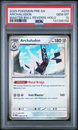 2025 POKEMON PRISMATIC EVOLUTIONS MASTER BALL REVERSE HOLO ARCHALUDON PSA 10 - Image 1