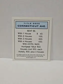 1996 Monopoly Connecticut Ave. Replacement Deed Card - Image 1