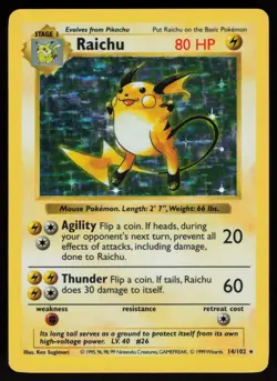 Raichu 14/102 SHADOWLESS Holo Rare Base Set Pokemon - Image 1