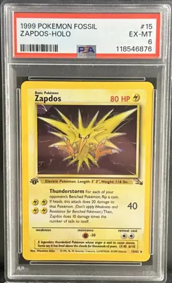 1999 Pokemon Fossil 1st Edition Holo Zapdos #15 PSA 6 - Image 1