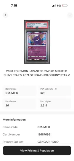 Pokemon Gengar Card 071/190 S4a 2020 Shiny Star v Holo Rare Japanese PSA 8 - Image 3