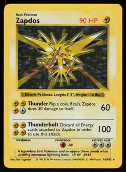 Zapdos 16/102 SHADOWLESS Holo Rare Base Set Pokemon - Image 1