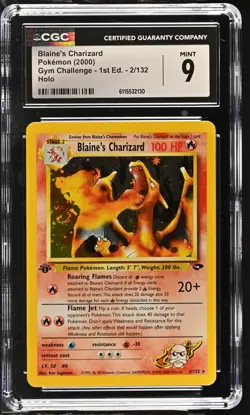 CGC 9 Blaine's Charizard Gym Challenge 1st Edition 2/132 Holo SWIRL Pokemon Card - Image 1