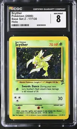 SWIRL ABOVE HEAD! CGC 8 Scyther 2000 Base Set 2 17/130 Holo Pokemon Card - Image 1