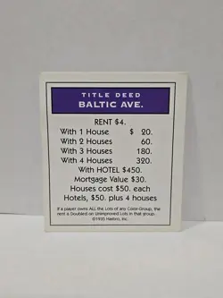 1996 Monopoly Baltic Ave. Replacement Deed Card - Image 1