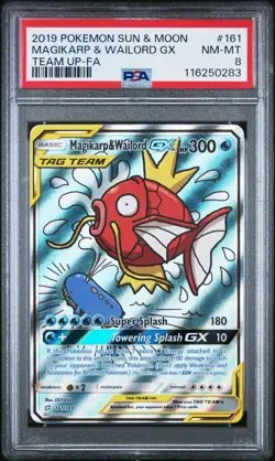 2019 POKEMON SUN & MOON TEAM UP #161 FULL ART/MAGIKARP & WAILORD GX PSA 8 - Image 1