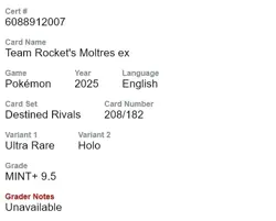 2025 Pokemon Destined Rivals Team Rocket’s Moltres ex 208/182 CGC 9.5 Mint+ - Image 5